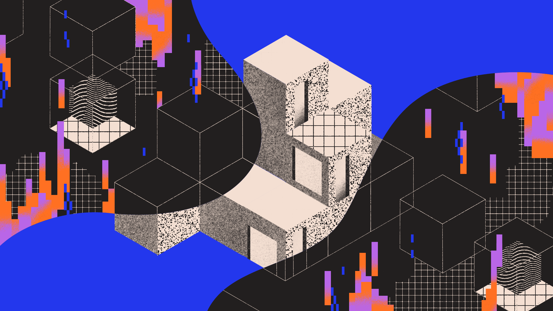 Geometric shapes and pixelated blocks