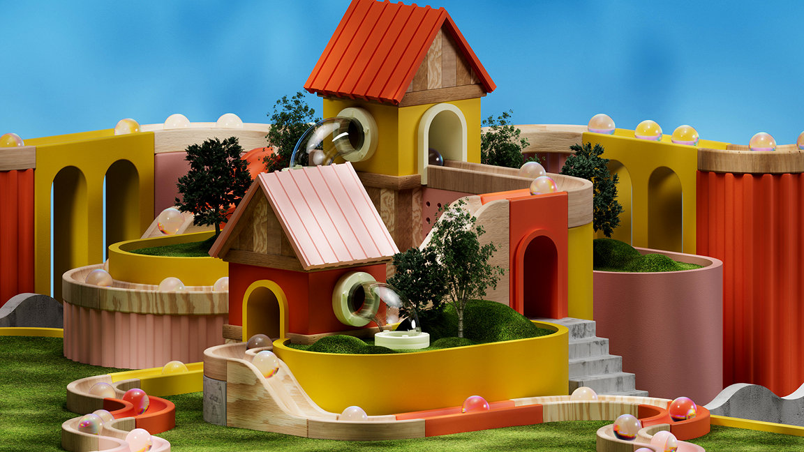 3D illustration of a marble track running through toy houses