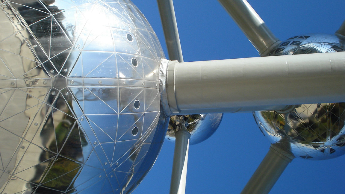 Close up of The Atomium, an atom-shaped building and tourist attraction built for the 1958 Brussels world fair 
