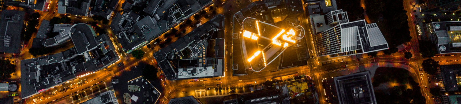 Aerial overhead view of Frankfurt at night.