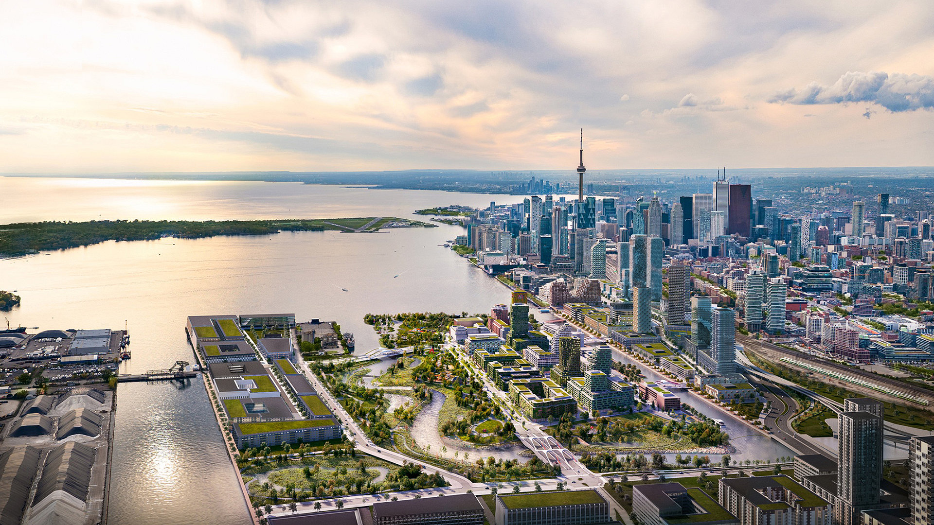 Aerial view of new developments built on land next to river