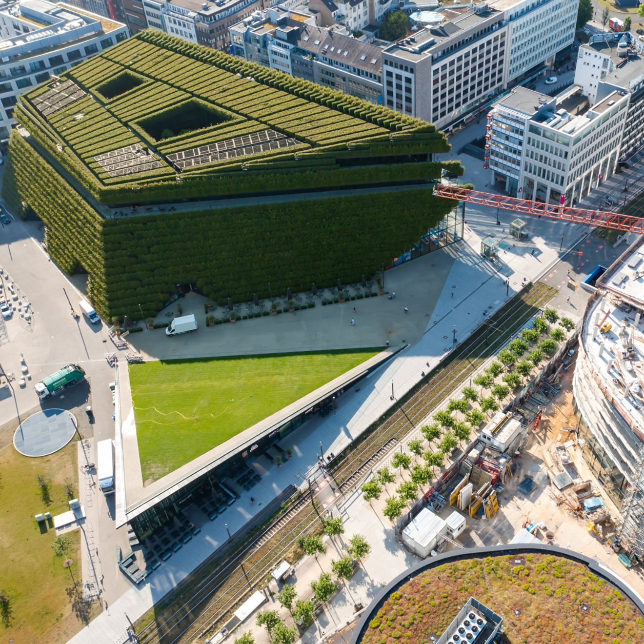 Aerial view of Königsallee and Kö-Bogen development in Düsseldorf, Germany