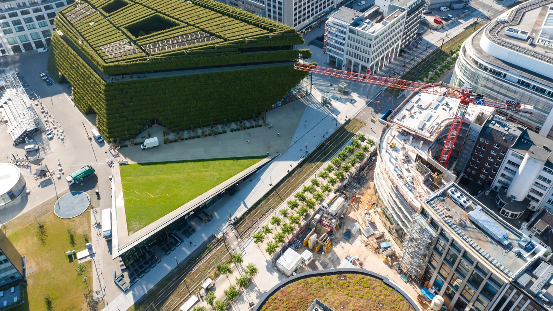 Aerial view of Königsallee and Kö-Bogen development in Düsseldorf, Germany