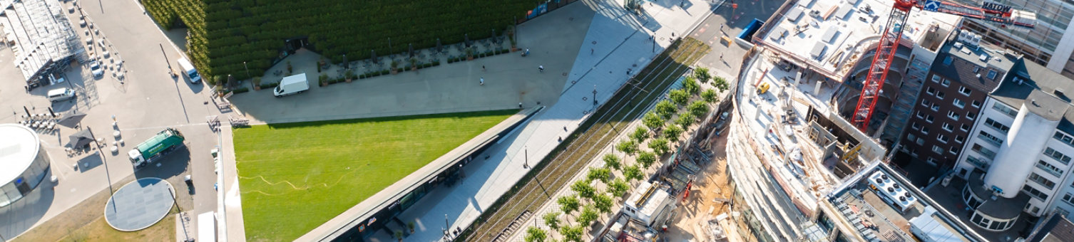 Aerial view of Königsallee and Kö-Bogen development in Düsseldorf, Germany