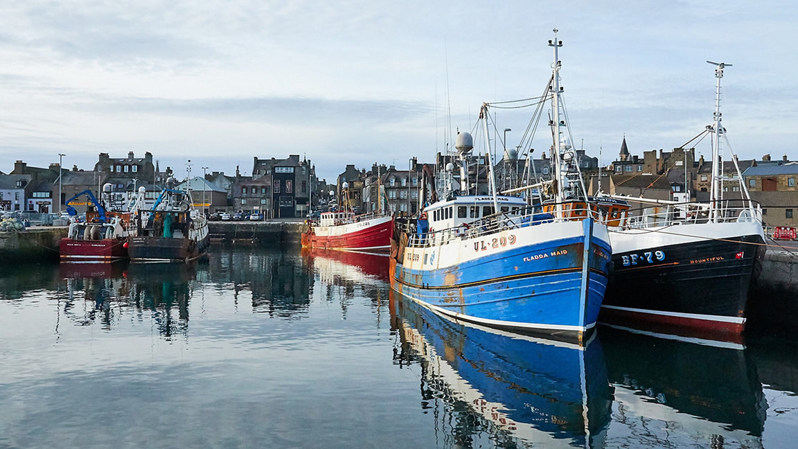 Boats on the water at the Scottish fishing port of Fraserburgh, Aberdeenshire
