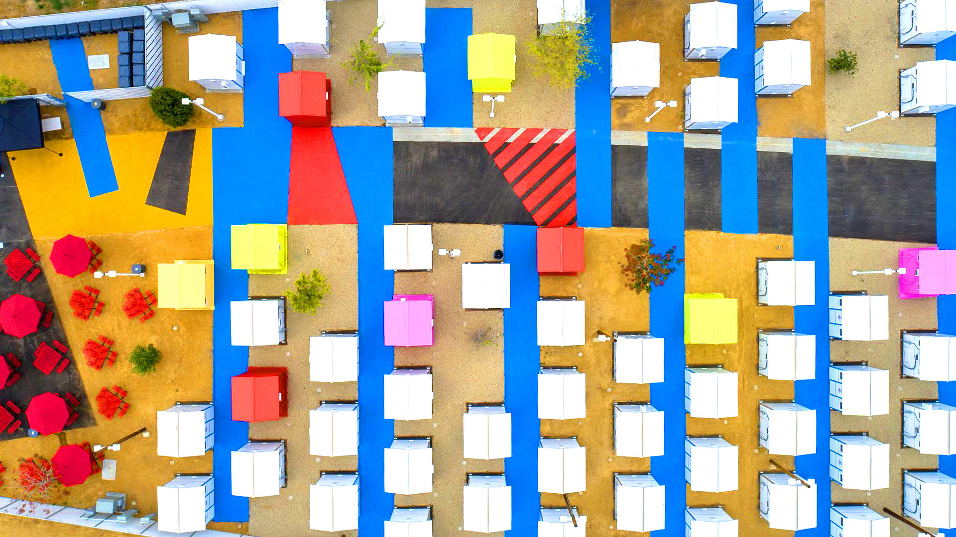 Aerial photo of colourful tiny houses