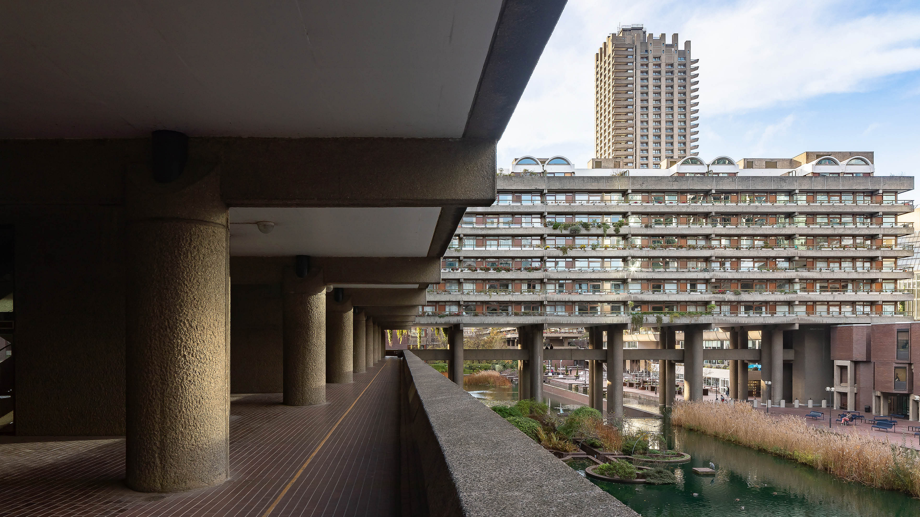 Looking down walkway to residential block