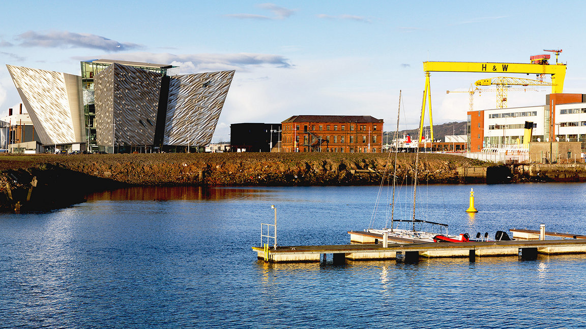 Titanic Museum and The Samson & Goliath Cranes along the Belfast harbour waterfront