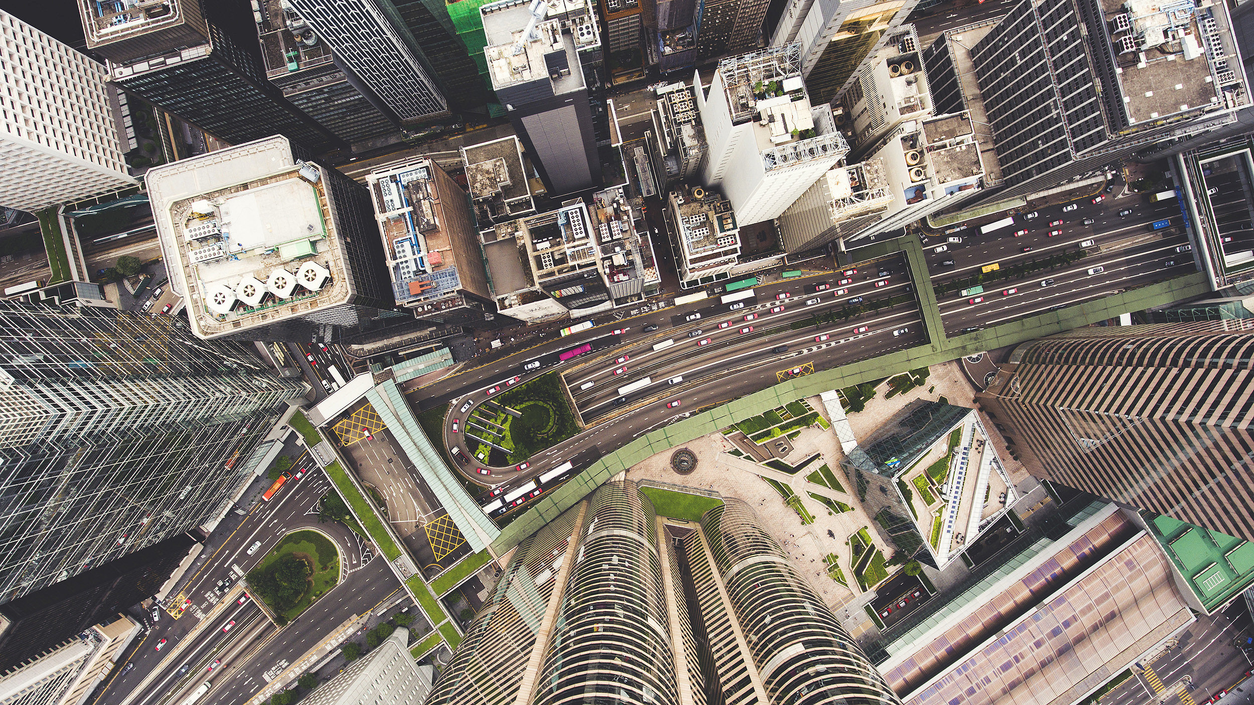 Drone shot of office buildings in a modern city