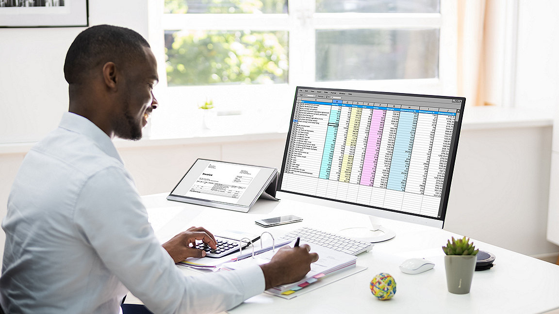 Businessperson using spreadsheet on computer