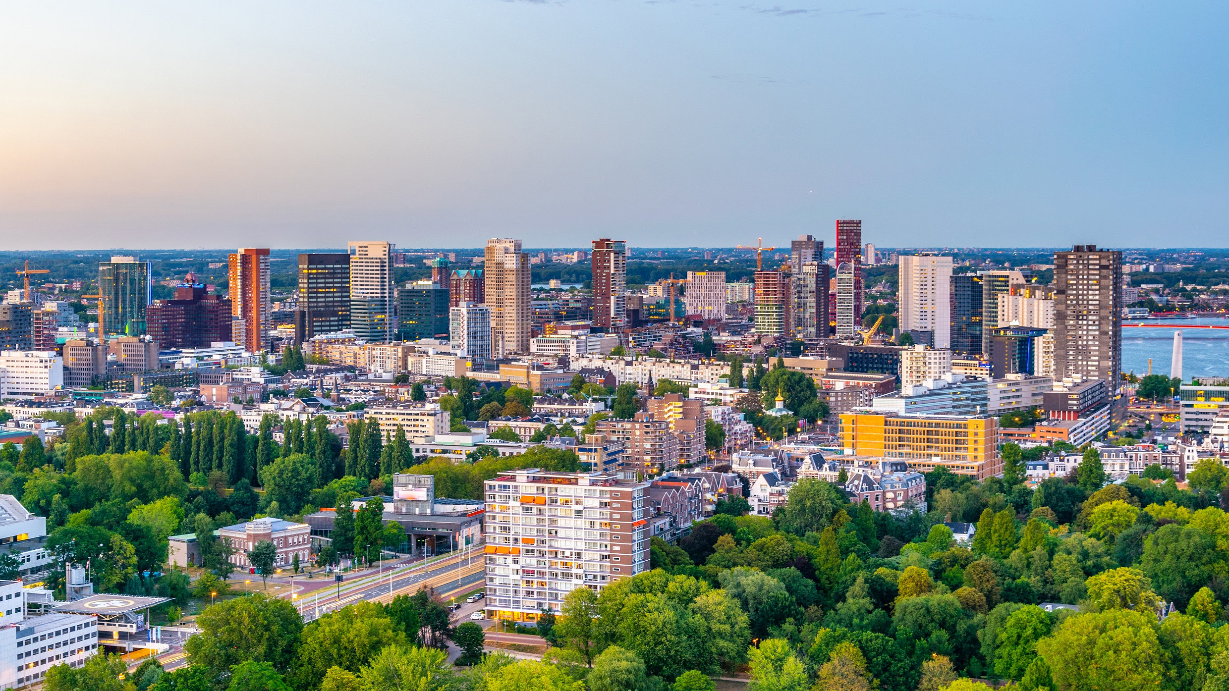 Aerial view of Rotterdam, The Netherlands., with trees, buildings and water visible