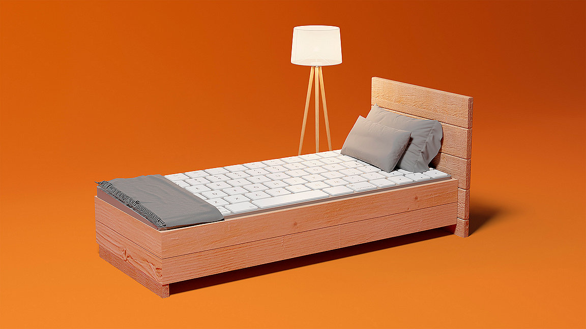 CGI bed with a keyboard instead of a duvet, lit by a lamp