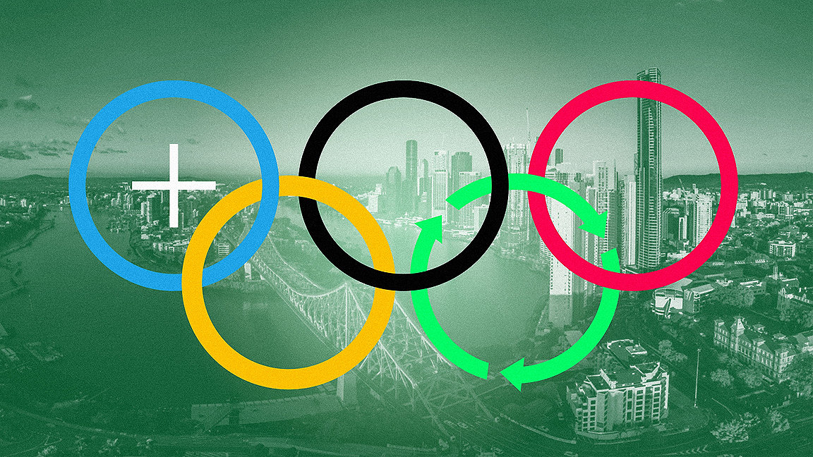 Olympics logo over green tinted photo of Brisbane