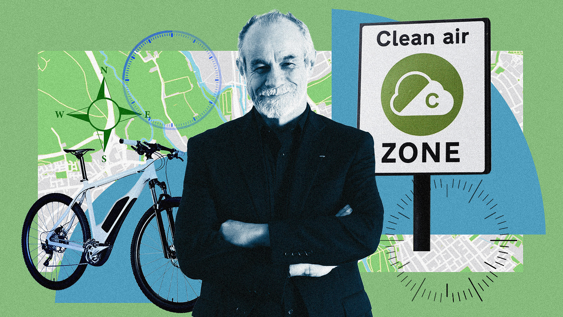 Carlos Moreno and collage illustration featuring a map, bike and clean air zone sign