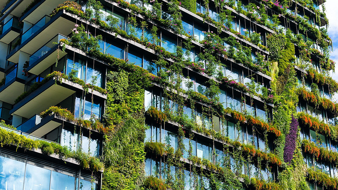 High rise building with multiple windows and green wall