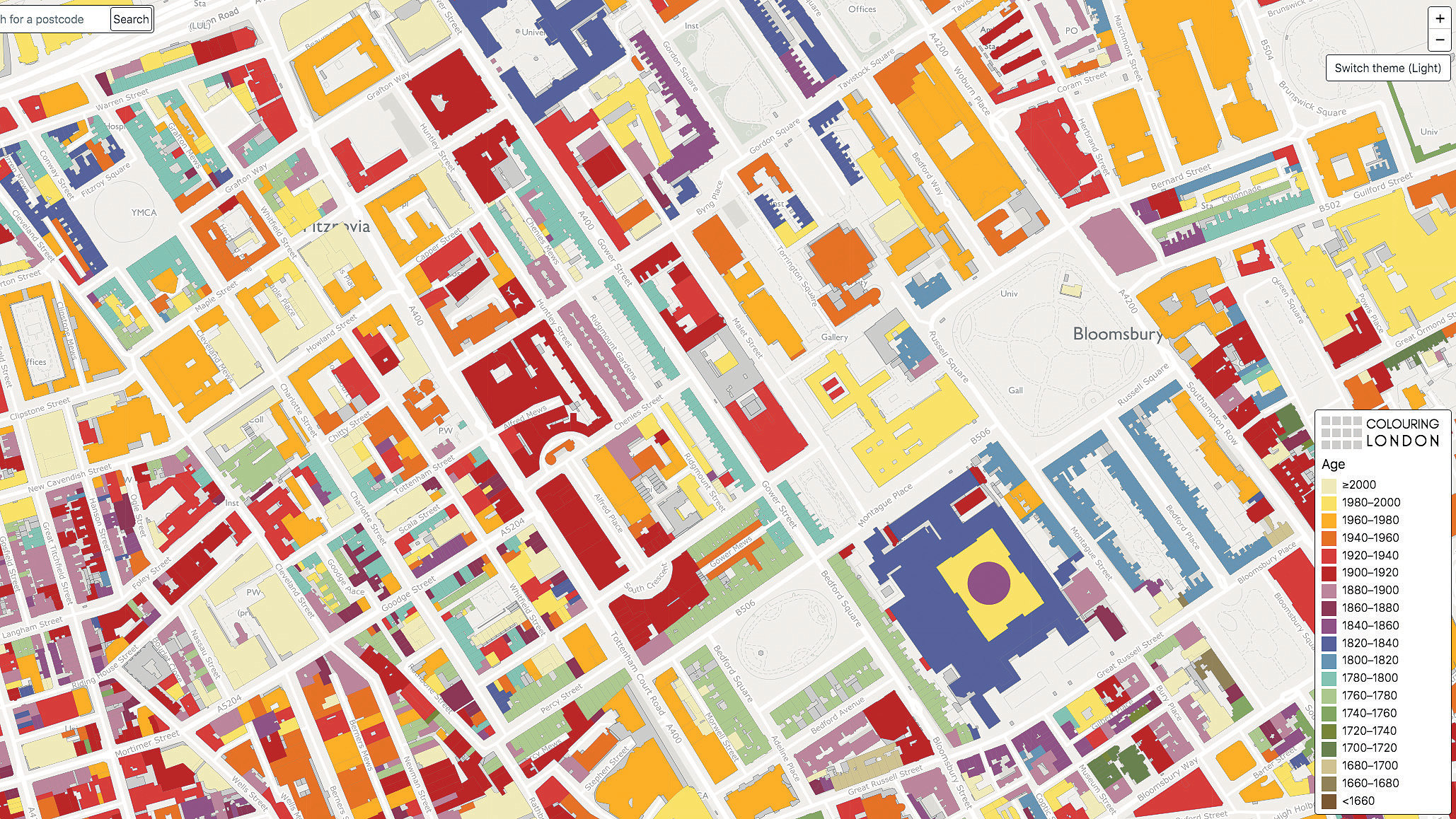 Colouring London platform screengrab shows the age of buildings in the Bloomsbury and Fitzrovia areas of London