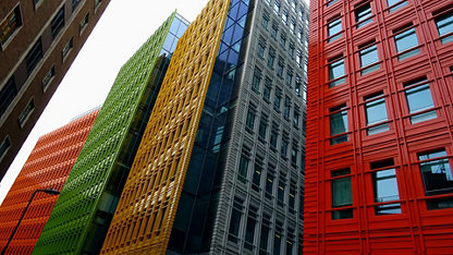 Colourful building cladding on high-rise buildings.