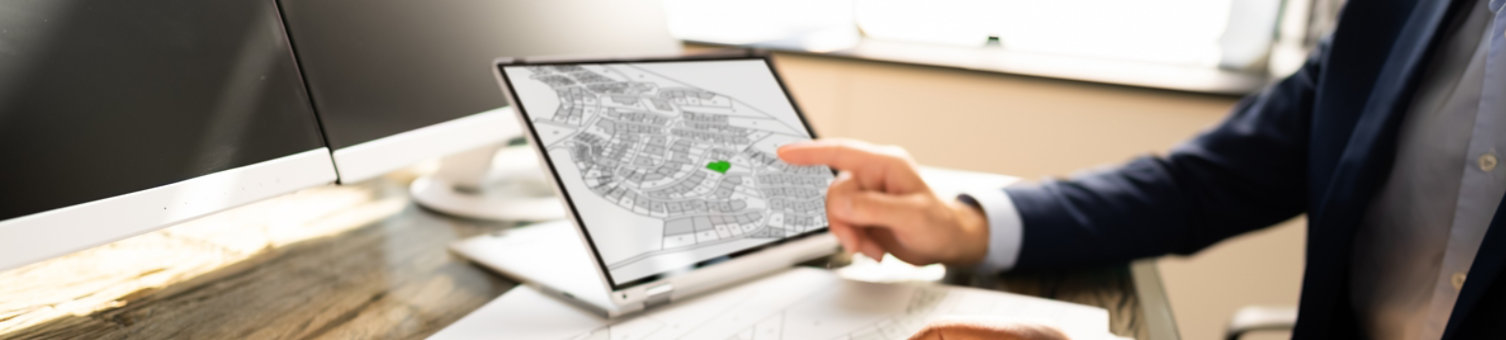 A set of plans on a desk in paper and digital form.  The hands of business people examining the plans are shown.
