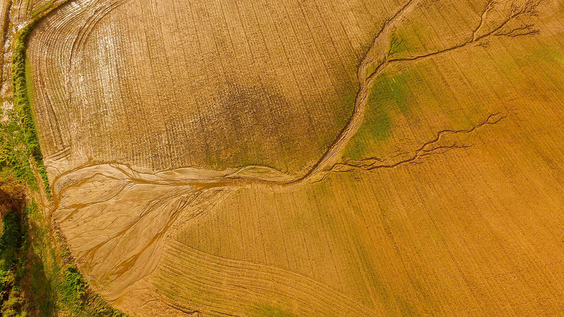 Flood crop damage. Aerial view.
