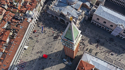 Aerial drone panoramic photo of iconic and unique Campanile in Saint Mark's square or Piazza San Marco, Venice, Italy; Shutterstock ID 1381412771; purchase_order: N/A; job: WBEF Europe Event; client: RICS_PP; other: 