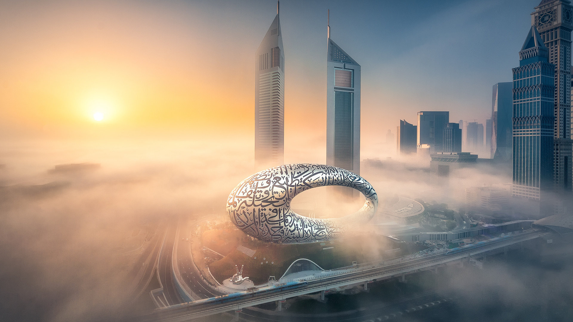 Fog at sunrise surrounding the museum