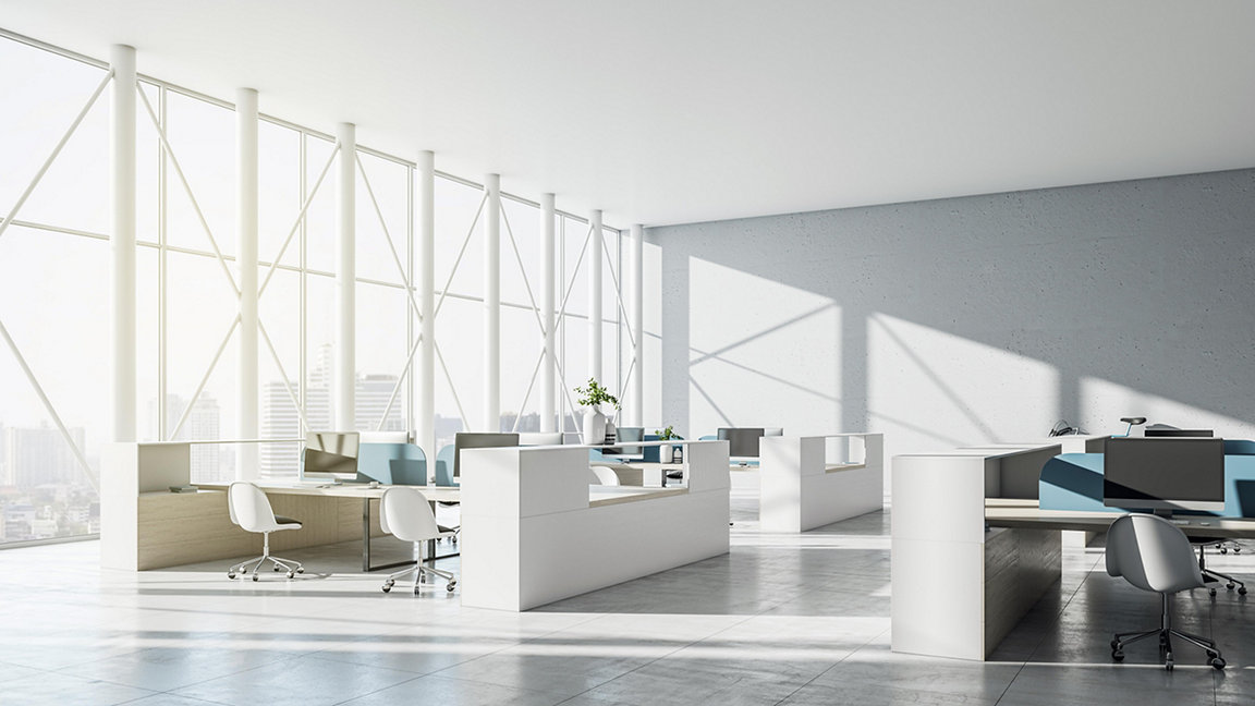 Side view on airy open space office background with city view from glass wall decorated by pillar construction, modern light work places, empty wall and squared concrete floor. 3D rendering