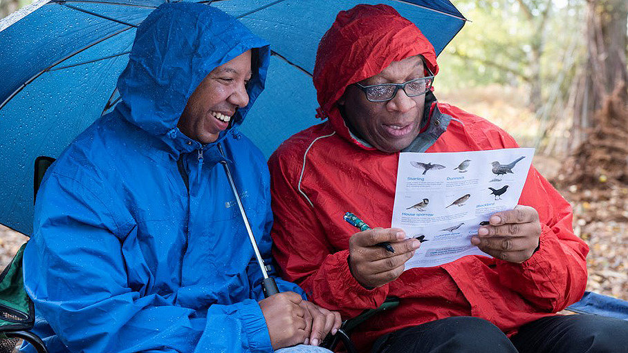 Leon Corbin and Howard Howell birdwatching in the rain, Bedfordshire