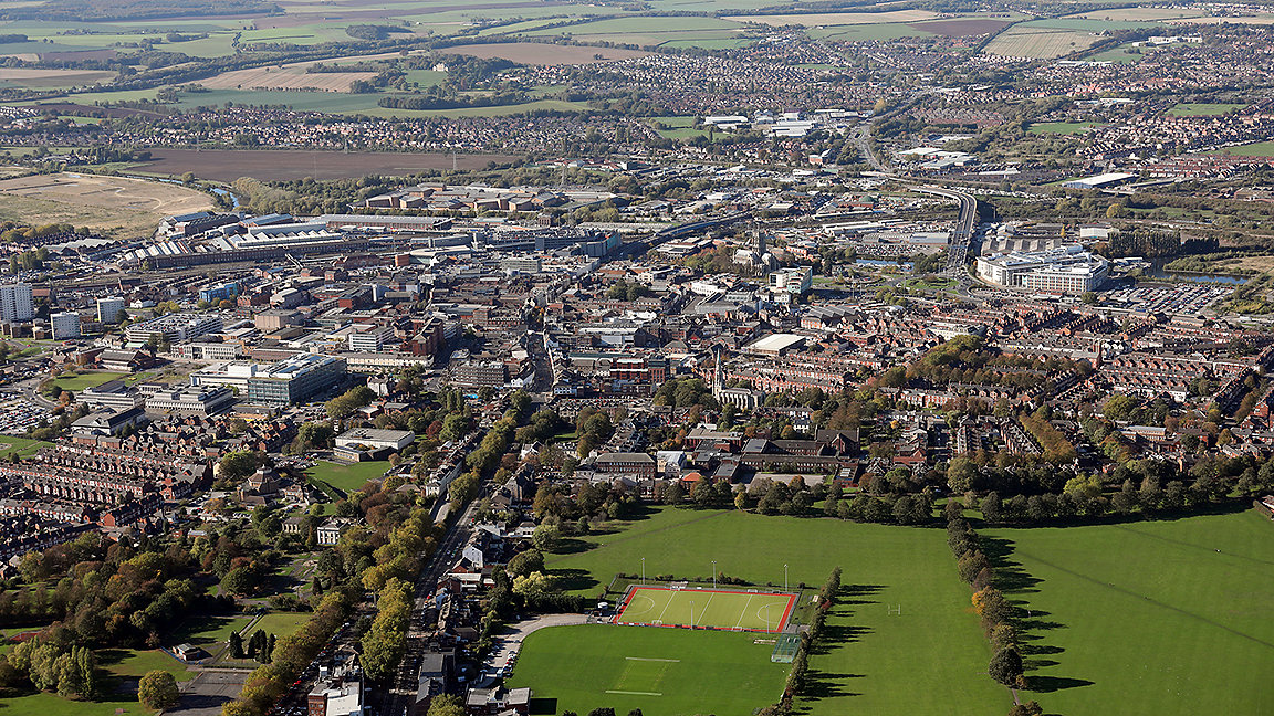 Aerial view of Doncaster town centre, South Yorkshire