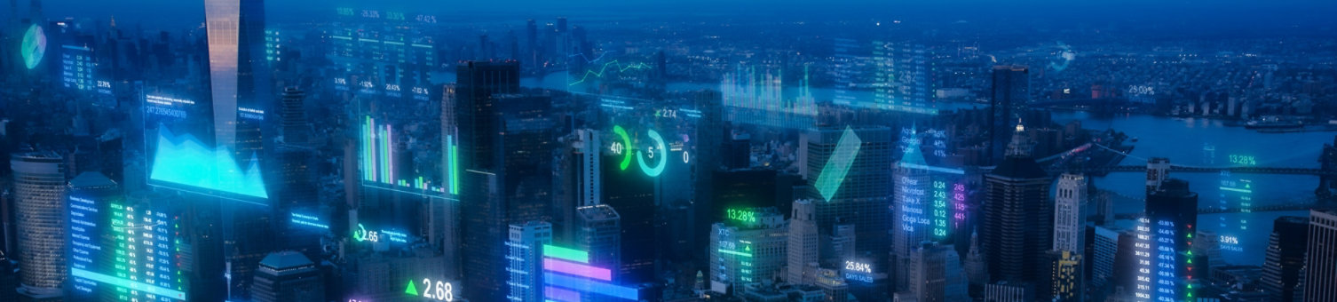 Modern Smart City Concept: Aerial Helicopter Footage of New York City with Animated Digitization Visuals Over Landmark Business Buildings. VFX Data with Graphs, Charts, Urban Analytical Reports