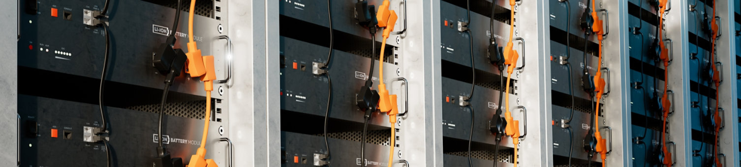 Image of a battery energy storage system consisting of several lithium battery modules placed side by side. This system is used to store renewable energy and then use it when needed.