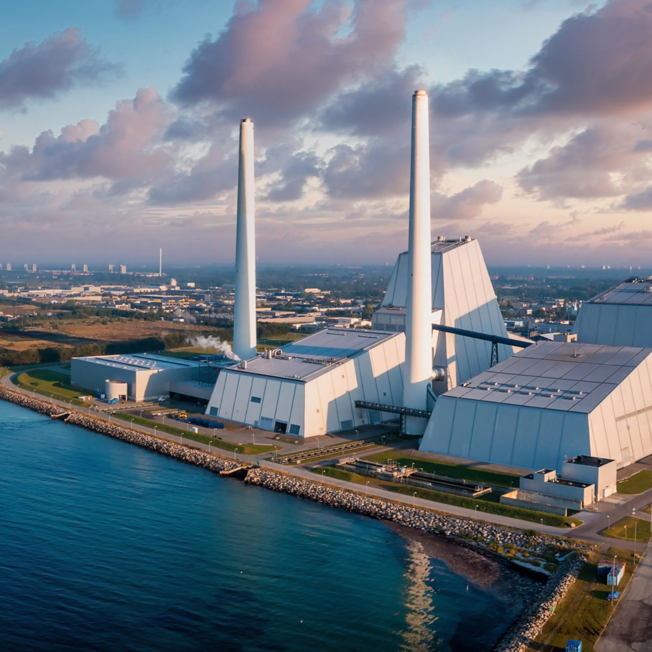 Aerial view of the Power station. One of the most beautiful and eco friendly power plants in the world. ESG green energy.