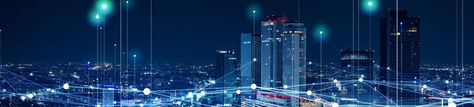 Dark city skyline with interconnecting data