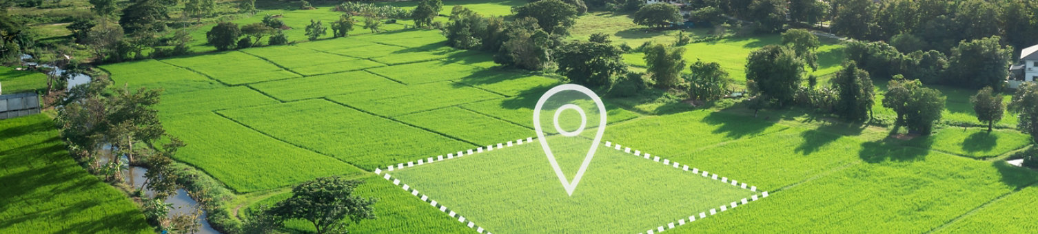 Land plot in aerial view. Identify registration symbol of vacant area for map. That property, real estate for business of home, house or residential i.e. construction, development, sale, rent and buy.