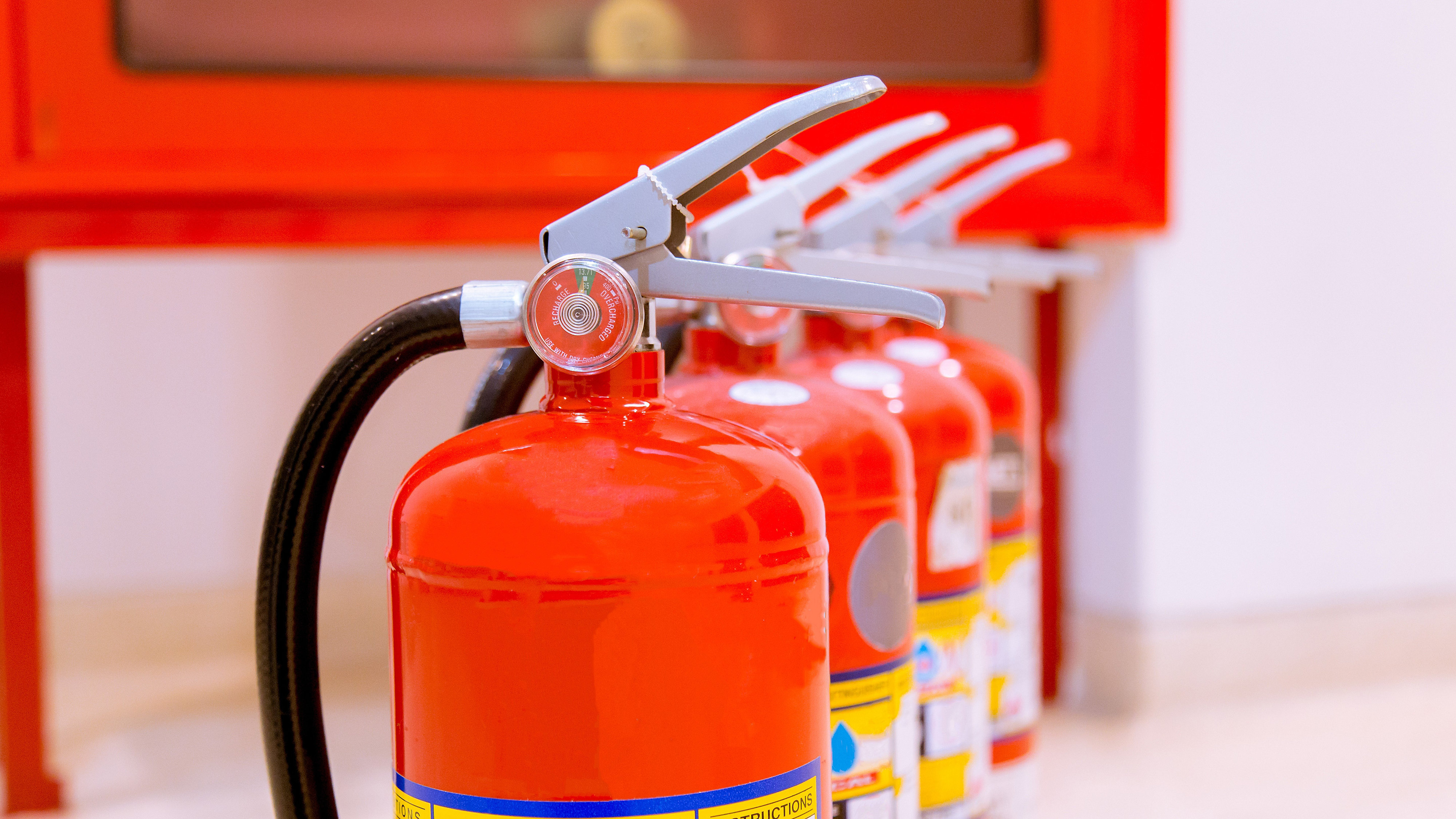 Row of fire extinguishers with wall in background