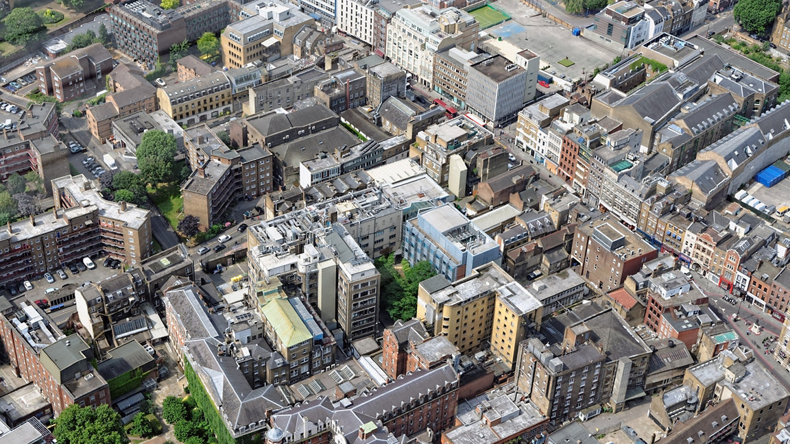 Aerial view of London high-rise buildings