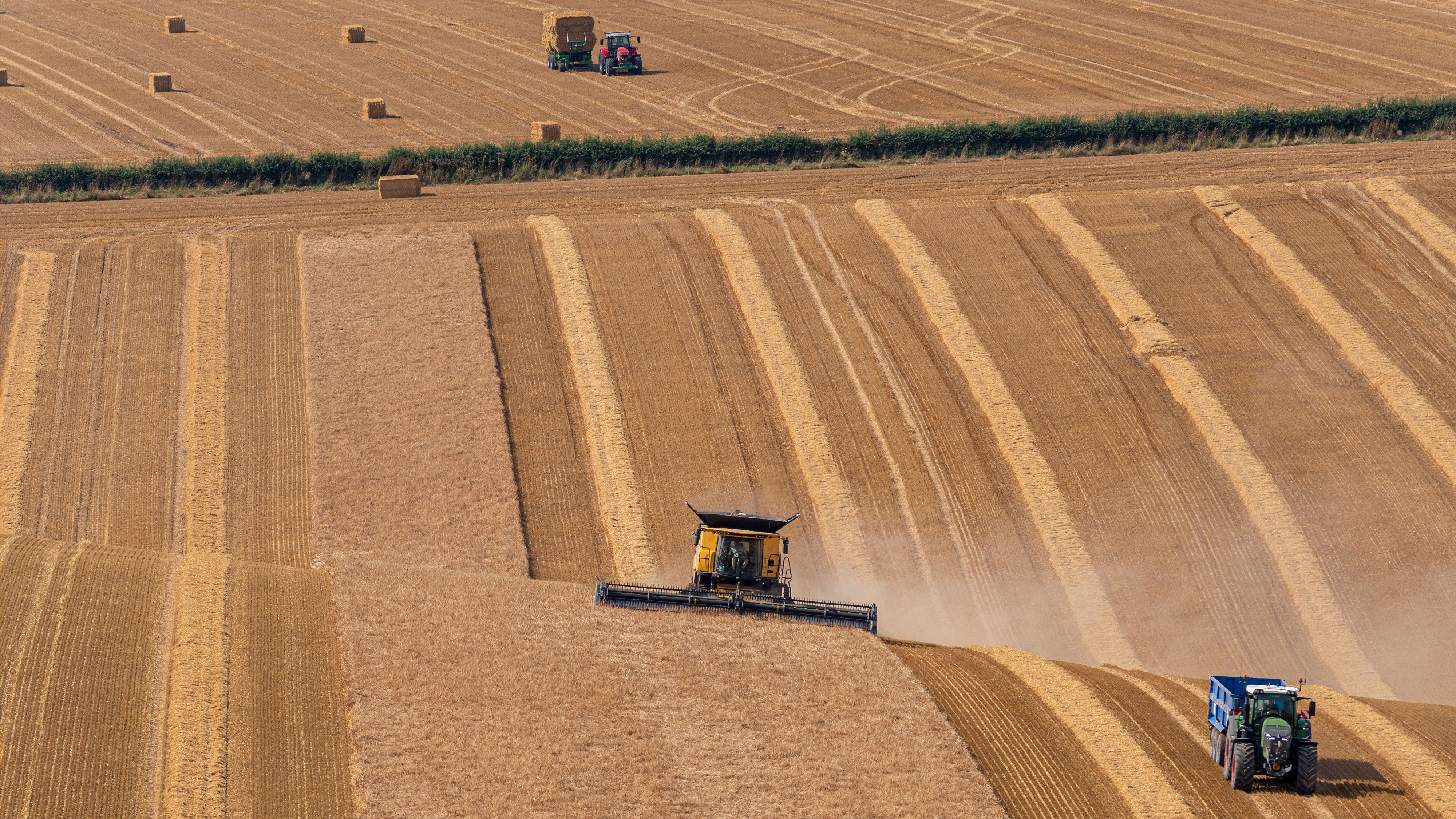 Agricultural machinery in fields harvesting