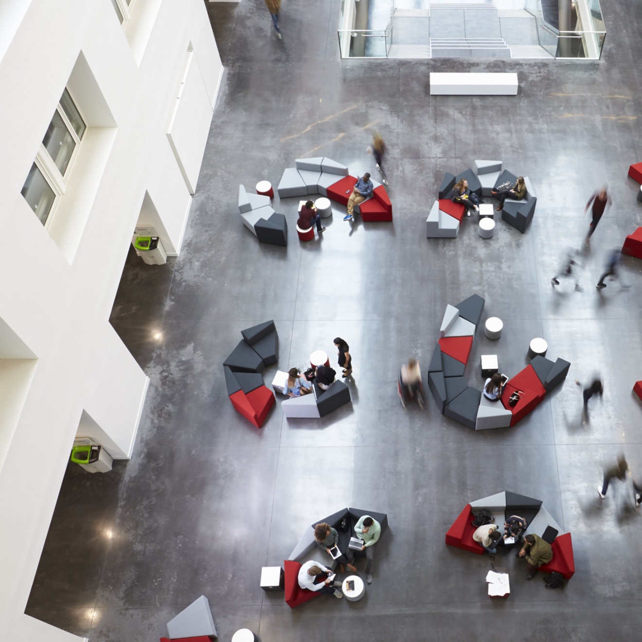 Overhead view of seating in a university atrium, motion blur; Shutterstock ID 478975408; purchase_order: N/A; job: Website Update March 22; client: RICS_PP; other: 