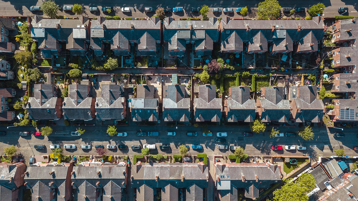 Aerial view of rows of houses