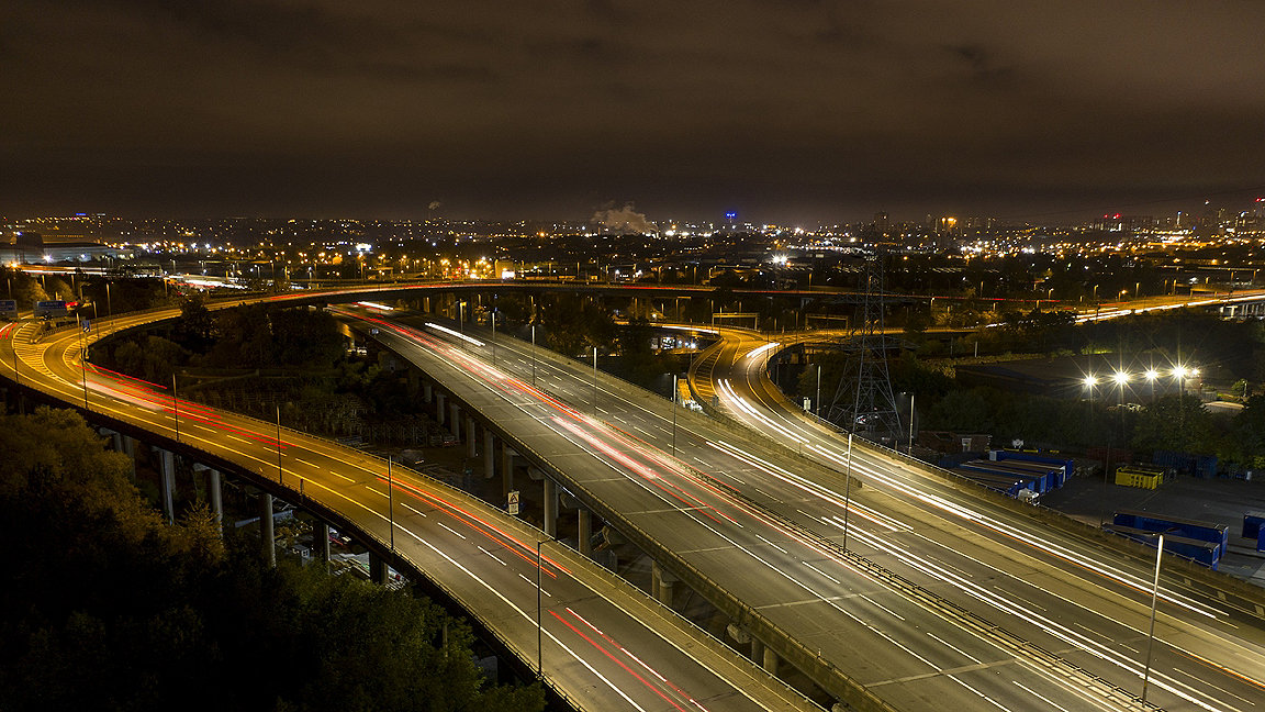 Aerial view of Spaghetti Junction in Birmingham UK at night