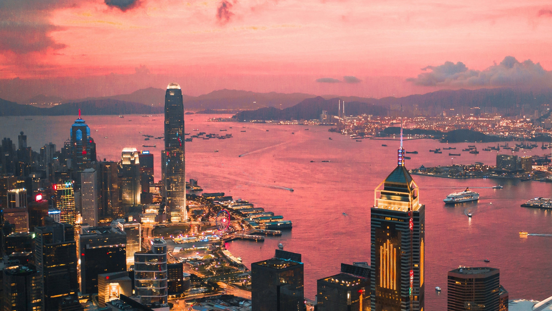 Hong Kong cityscape with sunset