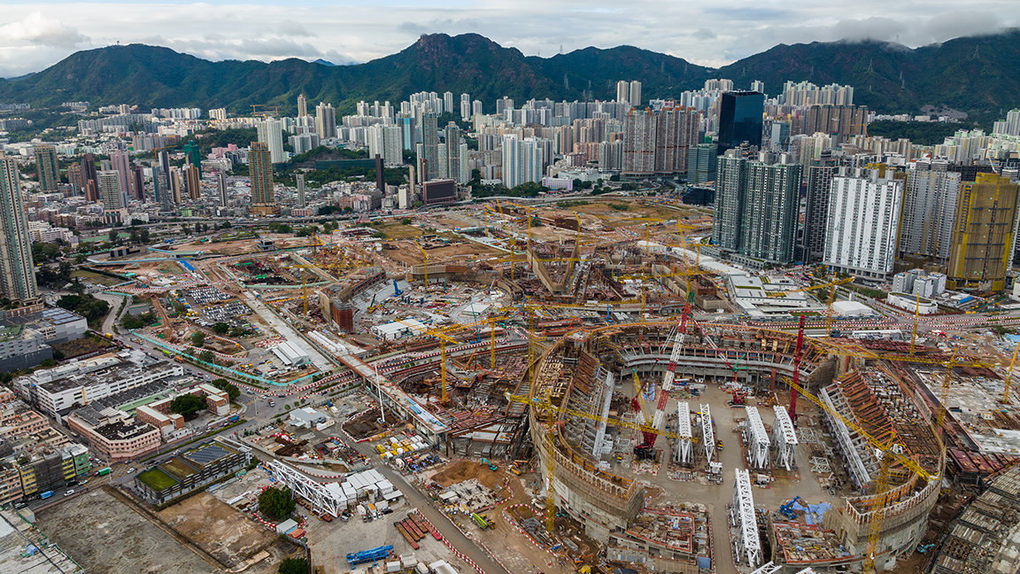 Aerial shot of construction in Hong Kong