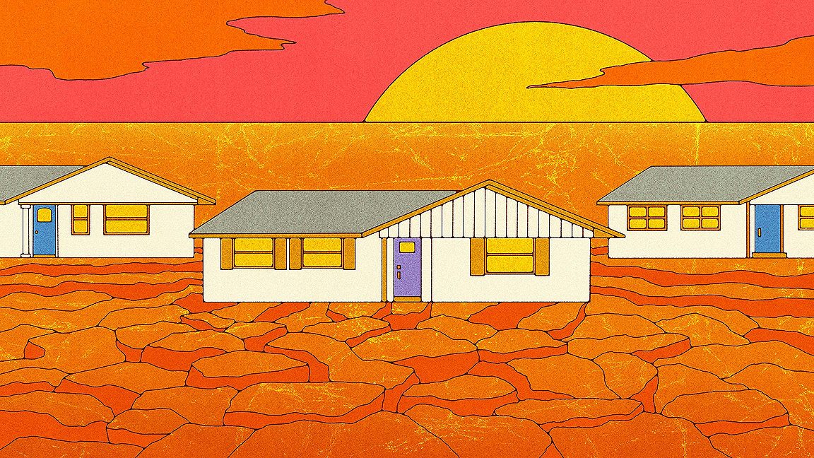 Three houses on dry land and orange sky