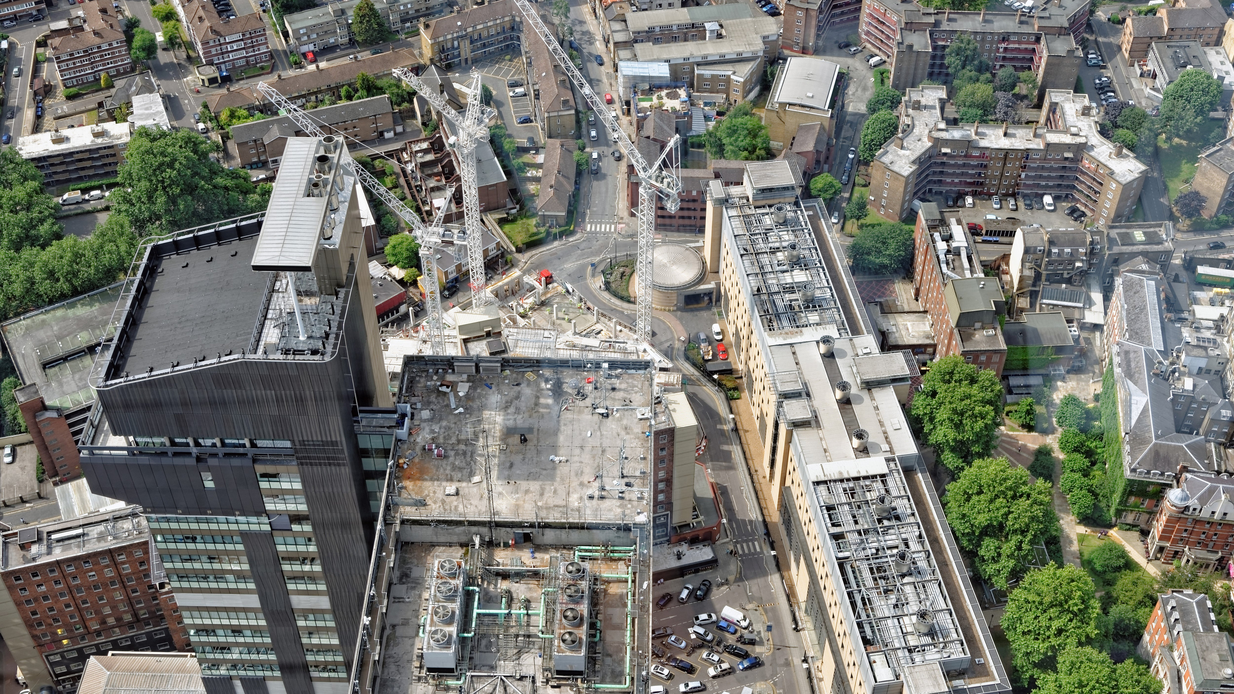 Aerial view of tall buildings