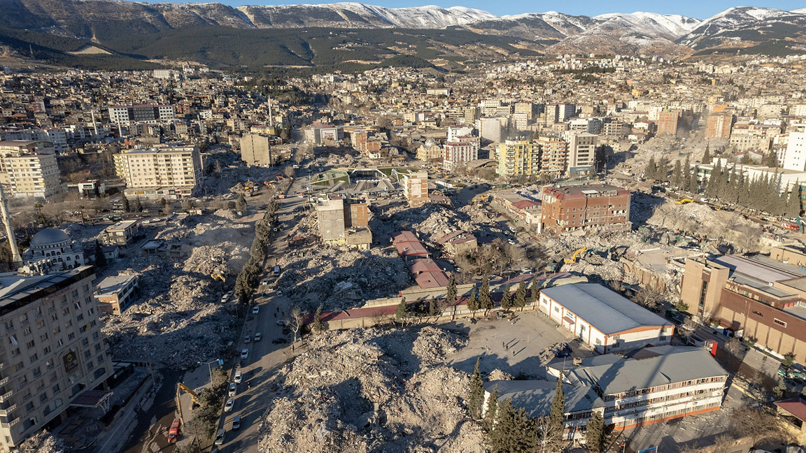 Aerial view of debris removal in Kahramanmaras, Turkey, February 2023 after 7.8 magnitude earthquake 