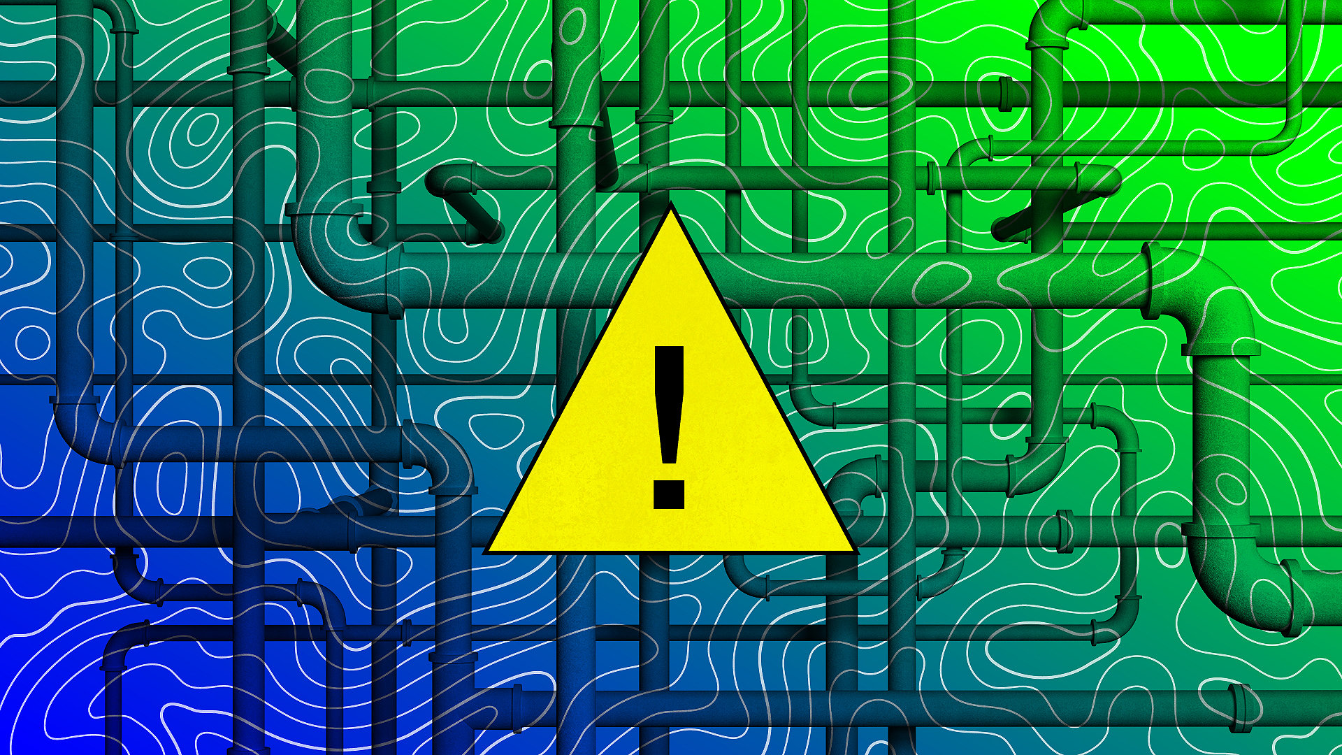 Illustration showing pipes under a Quantum map with a warning symbol