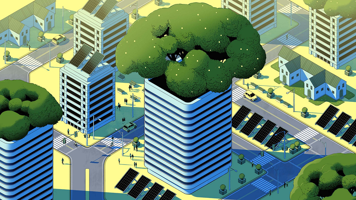 Isometric illustration of city filled with residential buildings, trees and solar panels