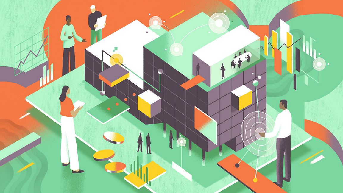 People managing buildings using data systems illustration