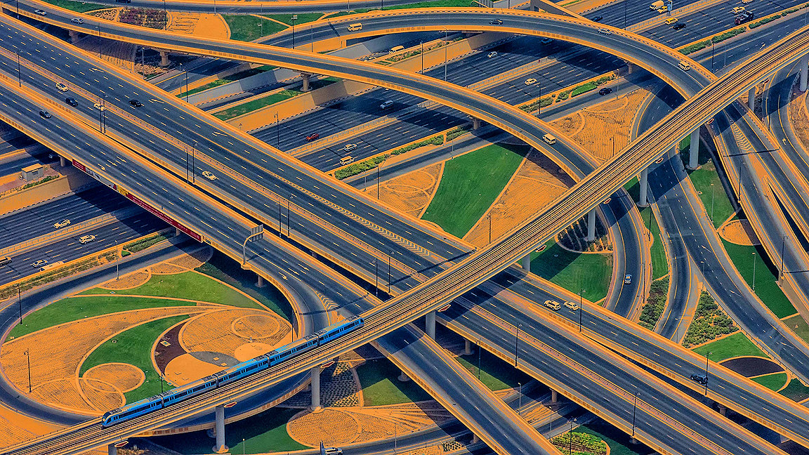 Aerial view of rail and road systems in Dubai