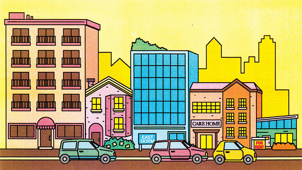 Illustration of five buildings, including dormitories and a care home against a yellow background with cars driving in front