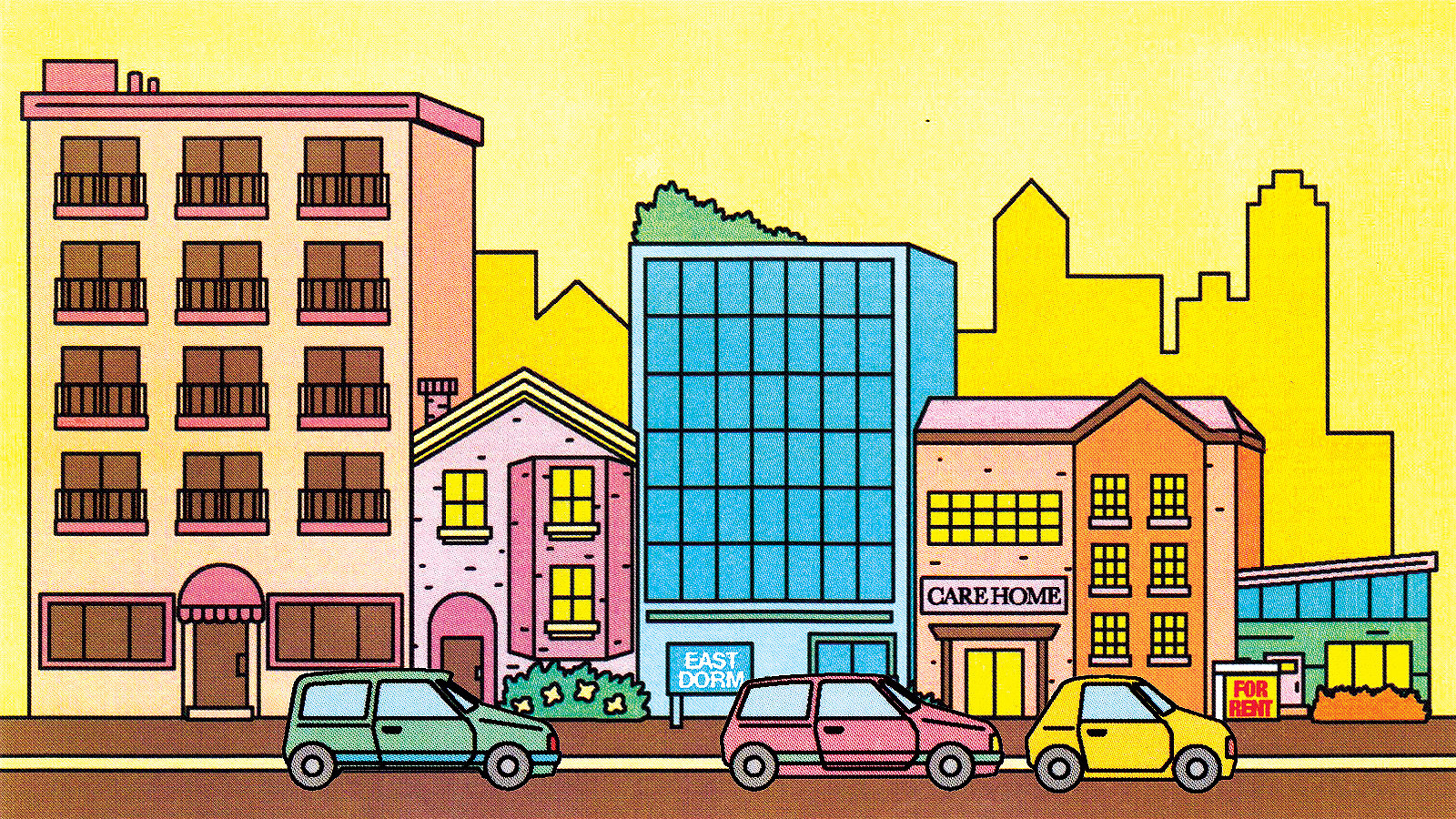 Illustration of five buildings, including dormitories and a care home against a yellow background with cars driving in front